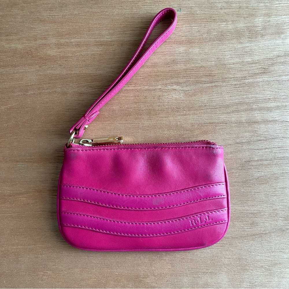 Lauren Ralph Lauren pink leather coin purse wristlet money wallet clutch‎ gold